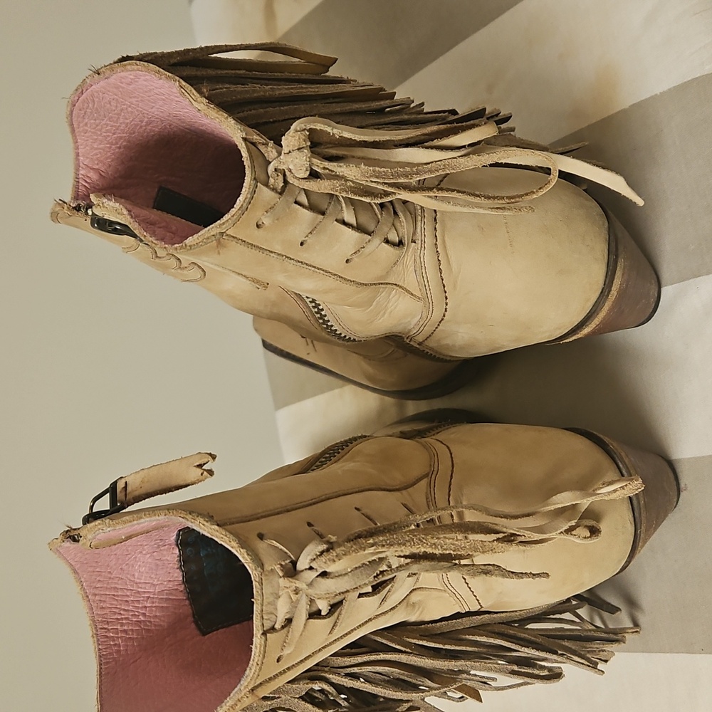 Cream and Pink Ankle Boots with Decorative Stitching - Picture 2 of 9